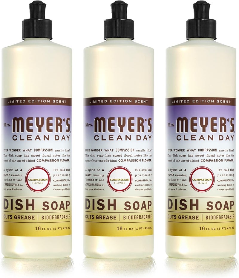 MRS. MEYER'S CLEAN D السّيدة. صابون الأطباق السائل من مايرز كلين داي، تركيبة قابلة للتحلل الحيوي، زهرة الرحمة، 16 أونصة سائلة. أونصة - عبوة من 3 قطع - Image 1